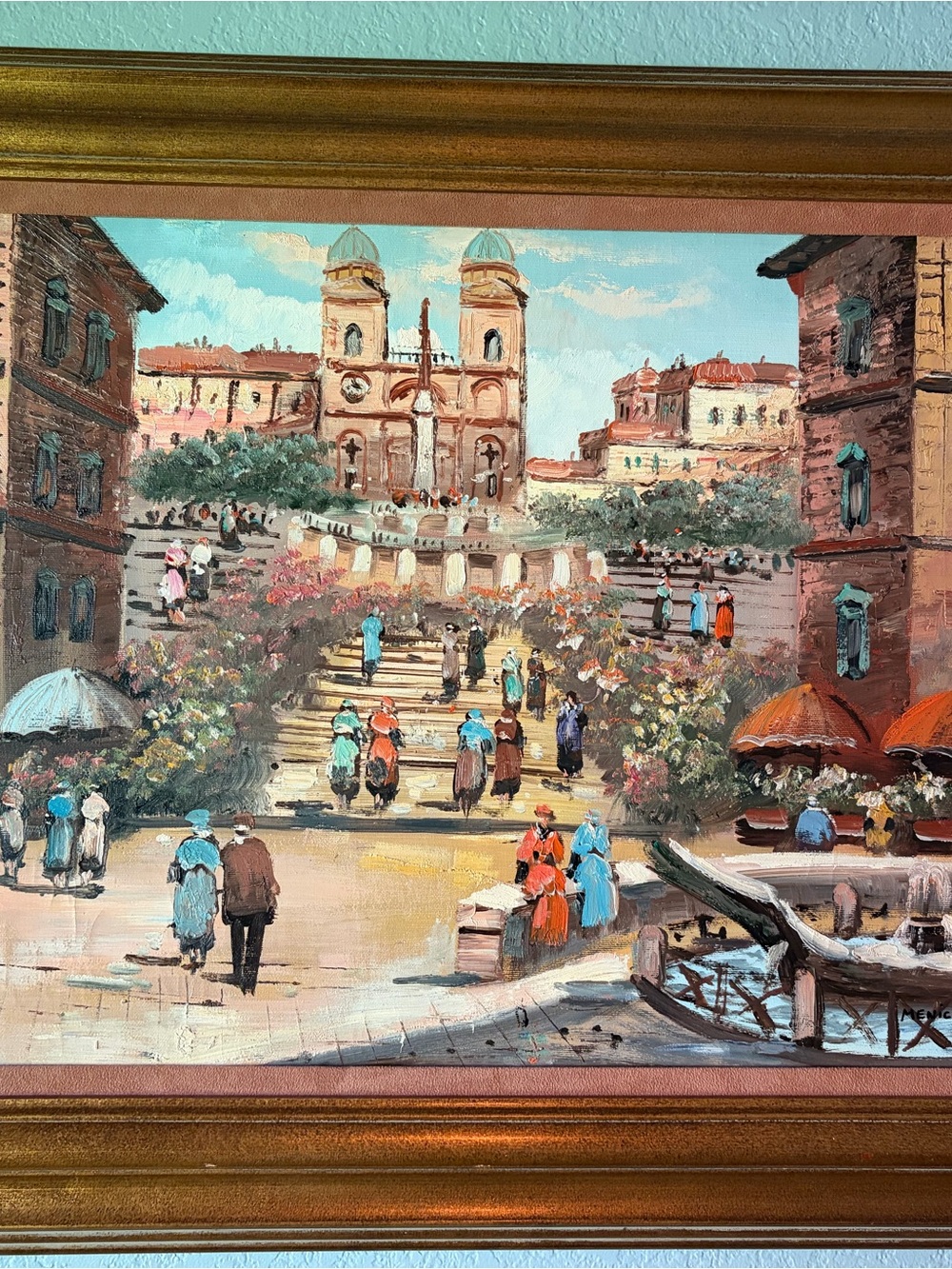 Coastal Town Canvas Wall Art in Blue and Brown - Classic European Scene